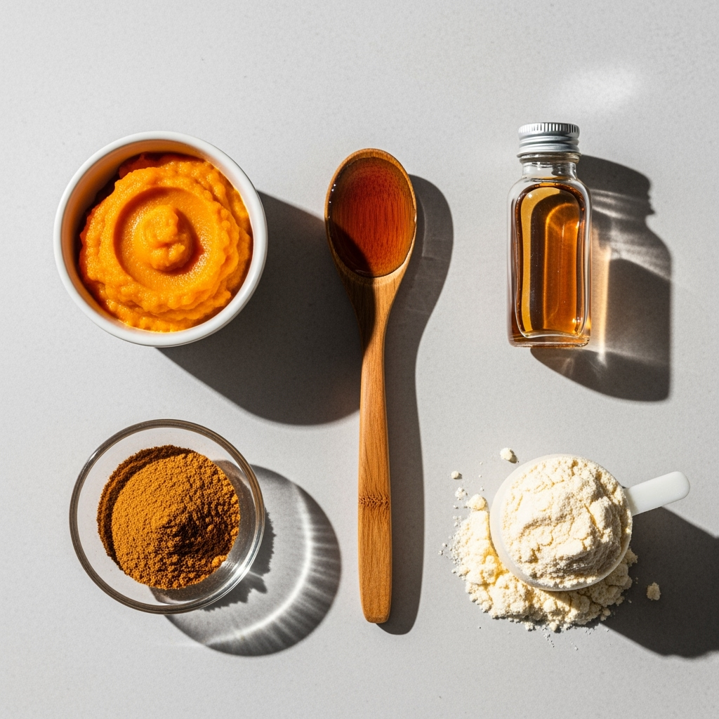 pumpkin-puree-vanilla-protein-maple-cinnamon Fresh pumpkin puree bowl with vanilla protein powder and maple syrup