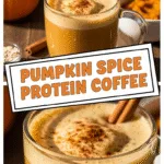 Pumpkin spice protein coffee with creamy texture and cozy autumn styling