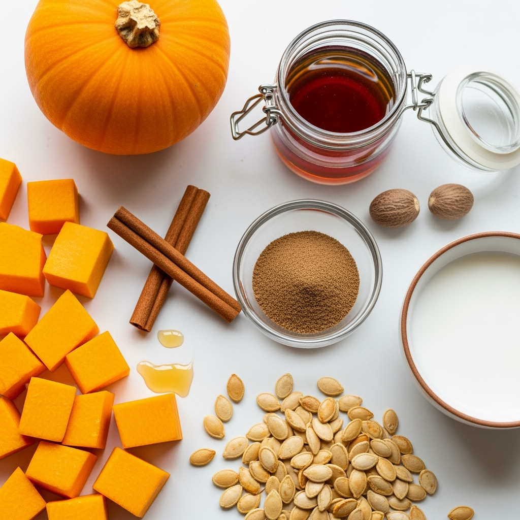 pumpkin-cinnamon-nutmeg-maple-soup-ingredients Fresh peeled pumpkin cubes with cinnamon, nutmeg, maple syrup for pumpkin soup