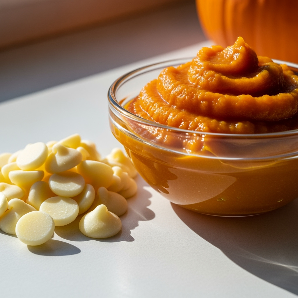 pumpkin-puree-white-chocolate-bowl-closeup Pure pumpkin purée with white chocolate chips close-up autumn recipe ingredients