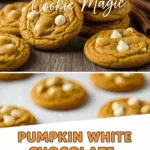 Pumpkin white chocolate chip cookies stacked on rustic wooden surface.