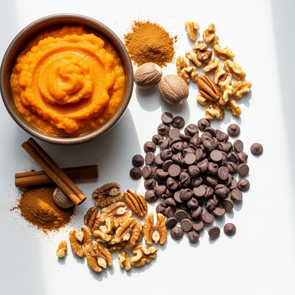 fresh-pumpkin-pie-spice-chocolate-chips Fresh pumpkin puree with pumpkin pie spice, chocolate chips, and nuts