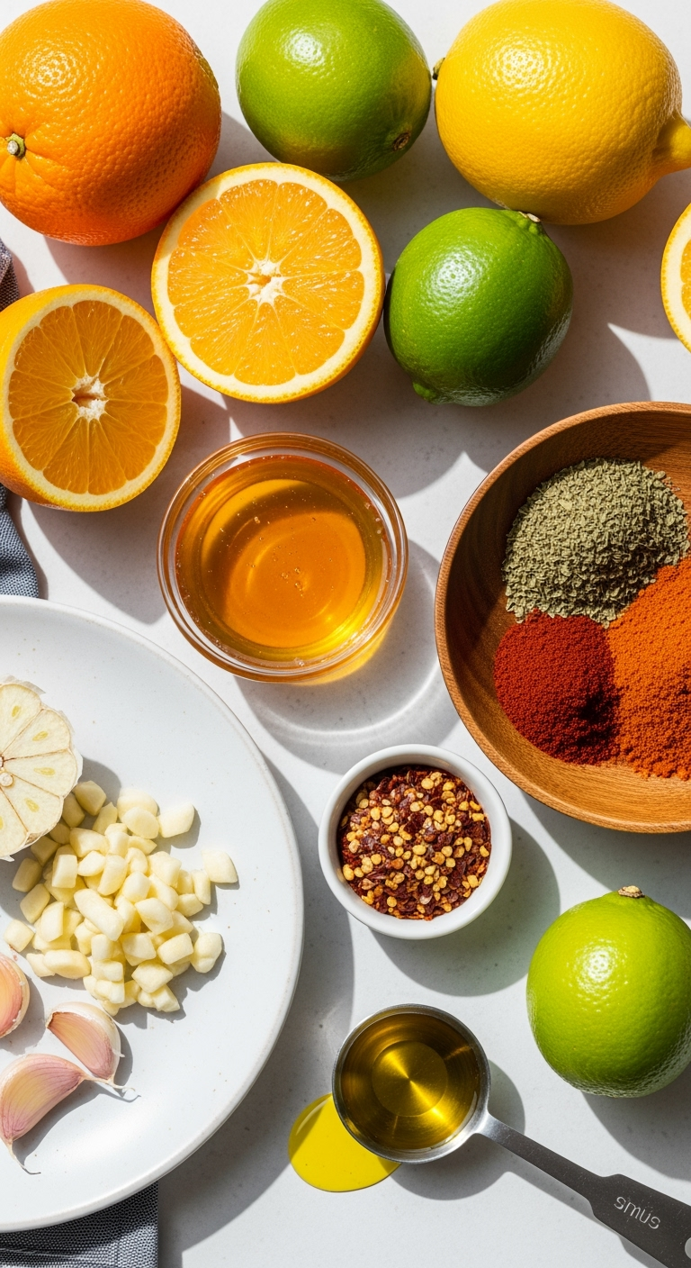 Fresh citrus zest recipe ingredients with honey, garlic, and spices