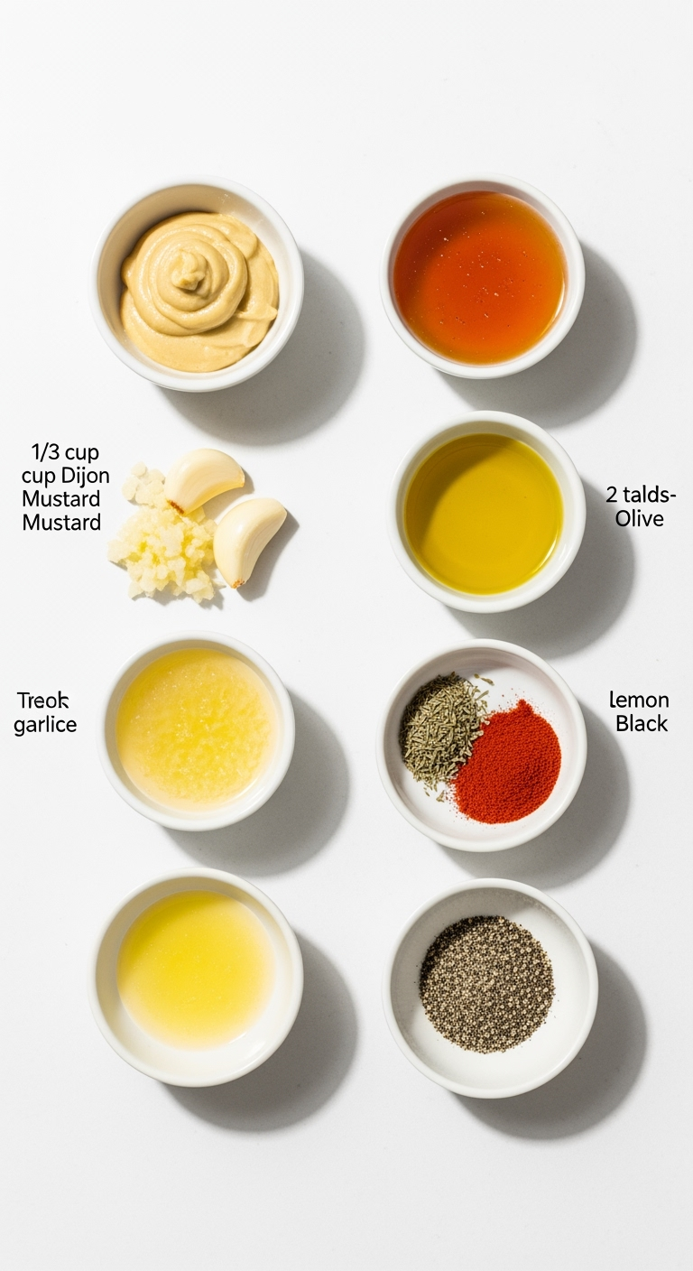 dijon-honey-olive-garlic-lemon-spices Dijon mustard honey dressing ingredients in bowls fresh vibrant textured
