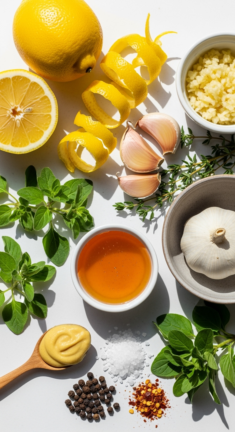 lemon-garlic-oregano-honey-mustard Fresh Mediterranean lemon garlic marinade ingredients arranged on white surface