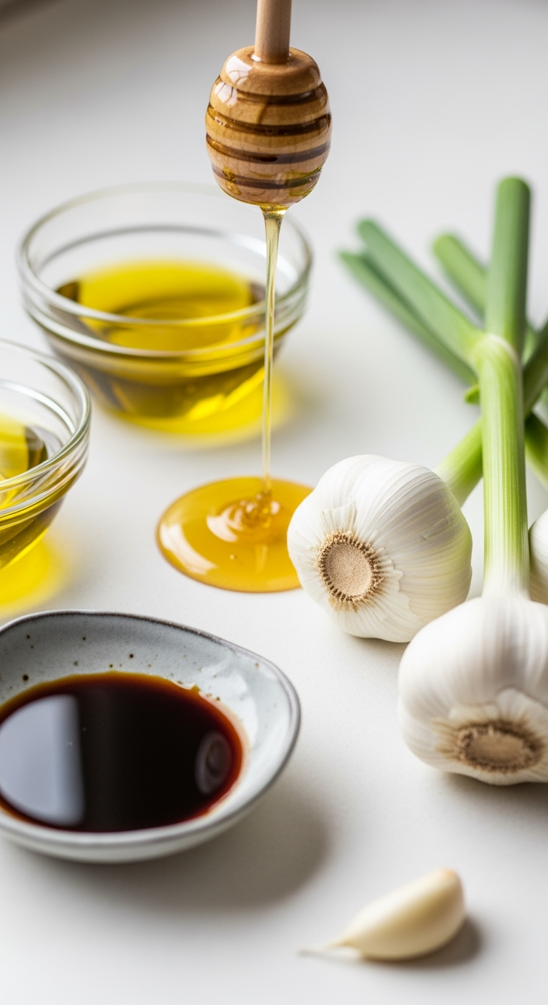 Fresh olive oil, honey, soy sauce, and garlic cloves in close-up