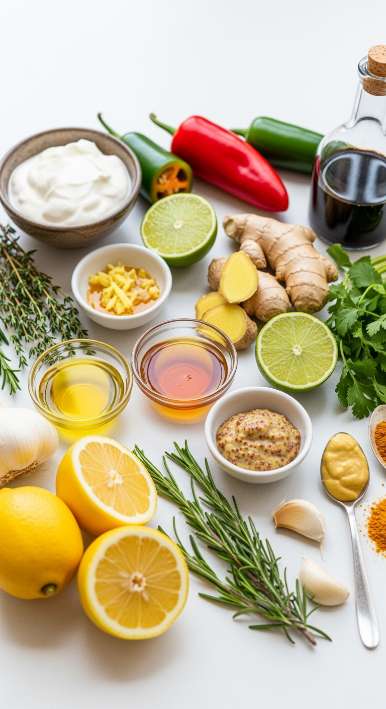 lemon-herbs-garlic-ginger-curry Fresh marinade ingredients with lemon, herbs, garlic, honey, and spices.