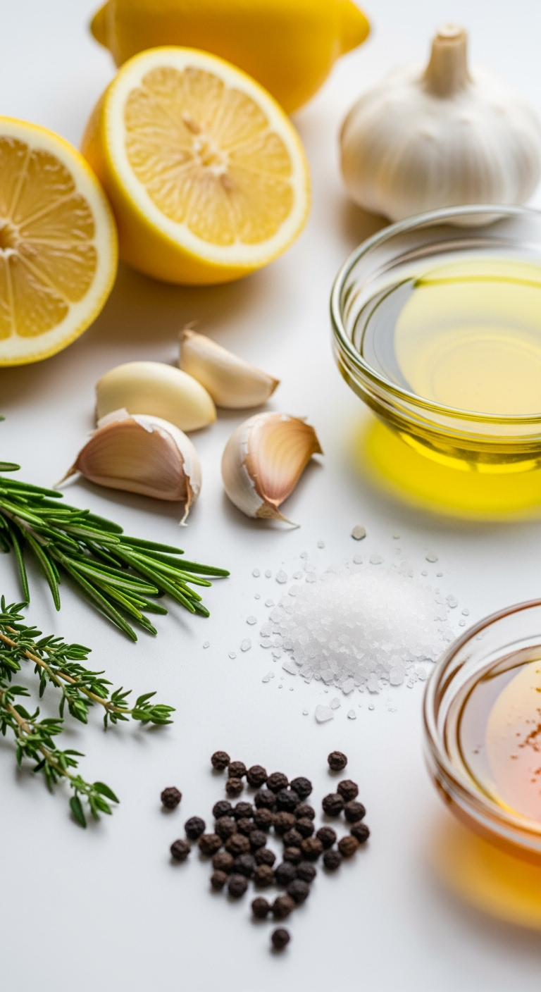 fresh-lemon-garlic-olive-oil-herbs Fresh lemon halves, garlic, rosemary, olive oil, honey, and spices close-up