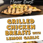 Grilled chicken breasts with lemon garlic marinade on rustic plate