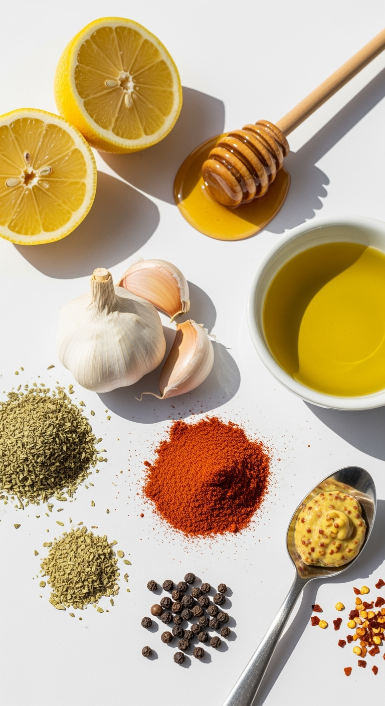 lemon-honey-olive-oil-garlic-paprika Fresh lemon halves and spices for vibrant recipe ingredients close-up shot