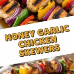 Honey garlic chicken skewers grilled with vibrant peppers and onions
