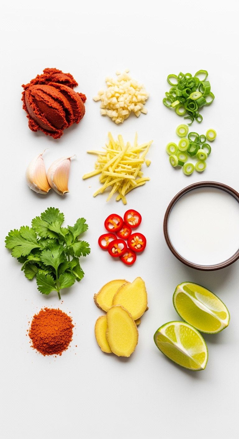 thai-red-curry-ingredients-fresh-color Fresh Thai red curry paste with garlic, ginger, cilantro, and lime