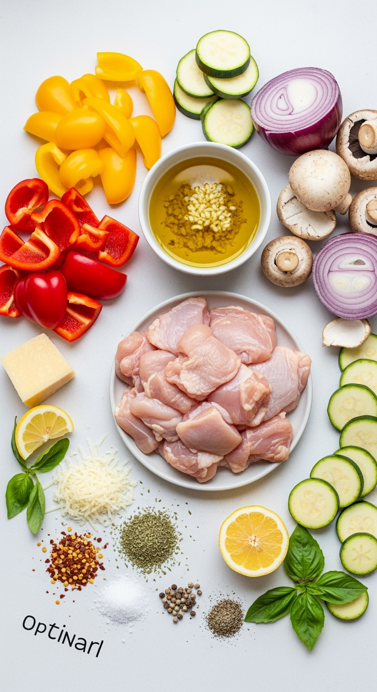 chicken-thighs-bell-peppers-onion-mushrooms Fresh raw chicken thigh chunks with colorful veggies and seasoning ingredients