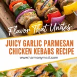 Juicy Garlic Parmesan Chicken Kebabs grilled with colorful vegetables fresh herbs
