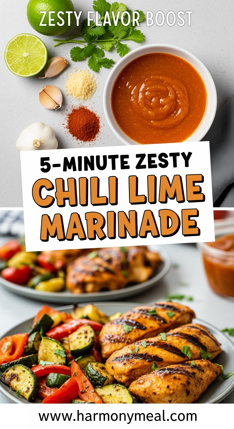 zesty-chili-lime-marinade-pinterest. 5-Minute Zesty Chili Lime Marinade with fresh ingredients and grilled chicken