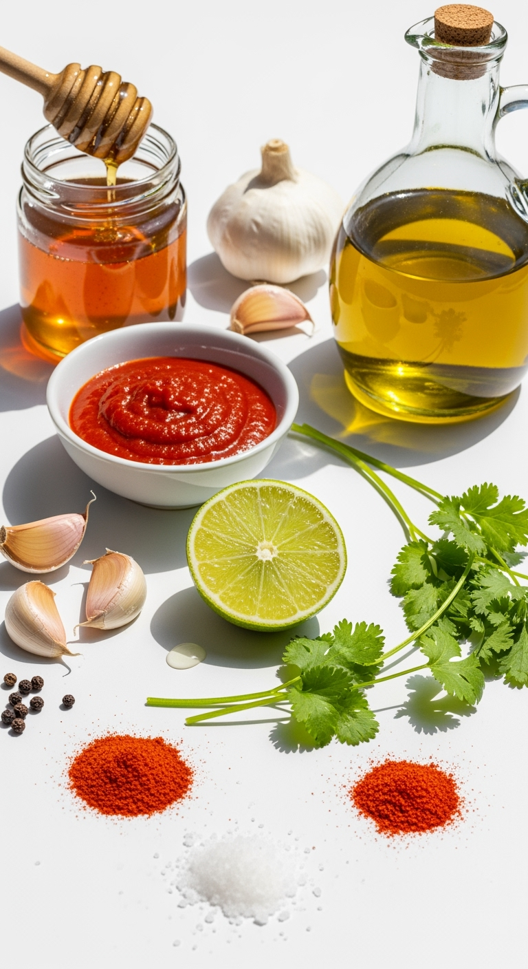 honey-hot-sauce-rosemary-lime-garlic Fresh honey jar with herbs and spices in natural light recipe shot