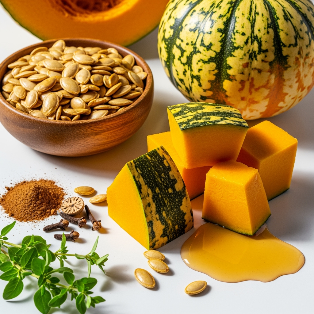 cubed-cow-pumpkin-fall-ingredients Fresh cubed cow pumpkin and spices with maple syrup fall recipe