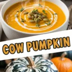 Cow pumpkin soup bowl with toasted seeds and fresh thyme garnish