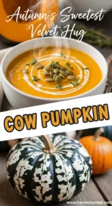 Cow pumpkin soup bowl with toasted seeds and fresh thyme garnish