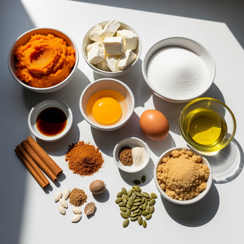 pumpkin-puree-cream-cheese-ingredients Starbucks cream cheese pumpkin muffins ingredients arranged vibrant autumn colors