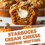 Starbucks cream cheese pumpkin muffins with pepita topping and warm lighting