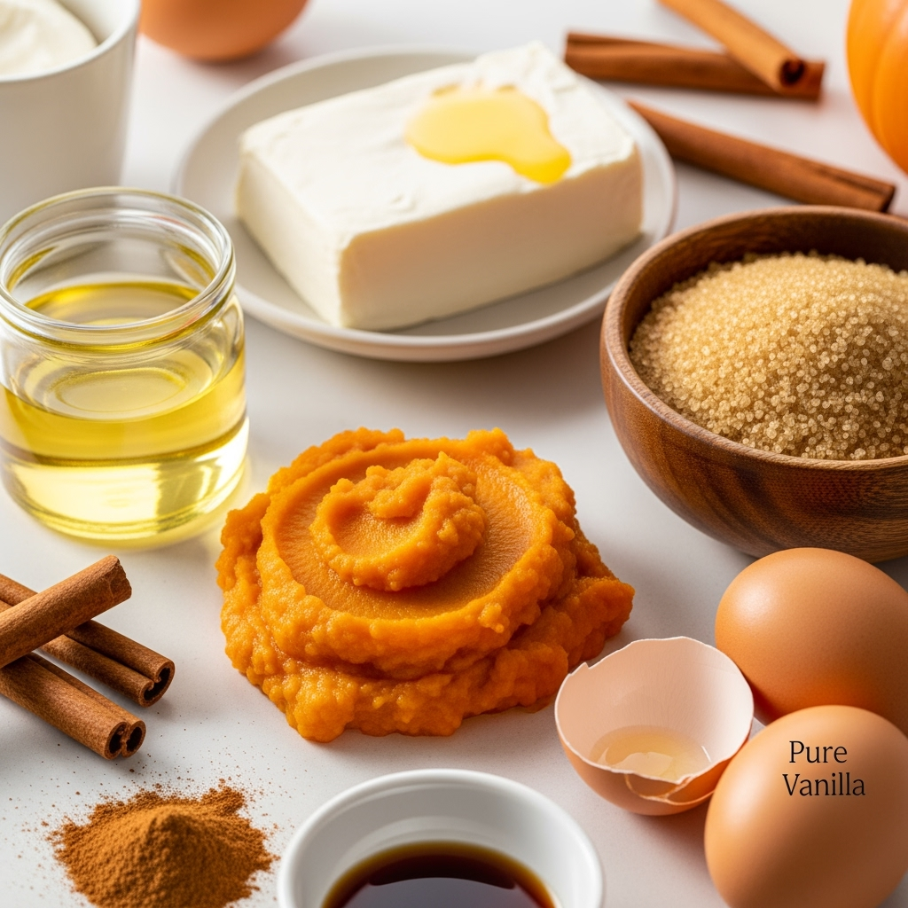 pumpkin-puree-cream-cheese-cinnamon-eggs Close-up pumpkin puree recipe ingredients with cream cheese, cinnamon, eggs
