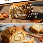 Pumpkin cream cheese bread loaf with creamy swirls on rustic wooden table
