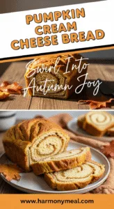 Pumpkin cream cheese bread loaf with creamy swirls on rustic wooden table