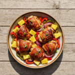 Hawaiian chicken sheet pan dinner with teriyaki sauce.