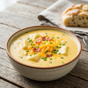 Creamy cheddar garlic herb potato soup in bowl.