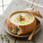 Creamy cheddar garlic herb potato soup in bread bowl.