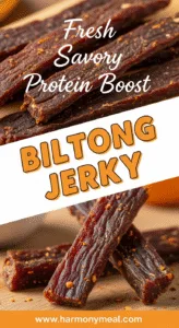 Close-up and styled biltong jerky showcasing rich texture and vibrant colors
