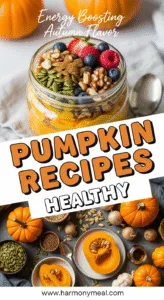 Healthy pumpkin recipes energy bowl with nuts, berries, and seeds.