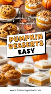 Pumpkin desserts easy: fluffy cookies, parfait, muffins, bars in cozy fall setting