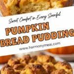 Warm pumpkin bread pudding with creamy custard and golden crispy top.
