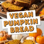 Moist vegan pumpkin bread loaf with walnuts and chocolate chips close-up