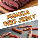 Close-up and flat lay of Mingua beef jerky showing rich texture