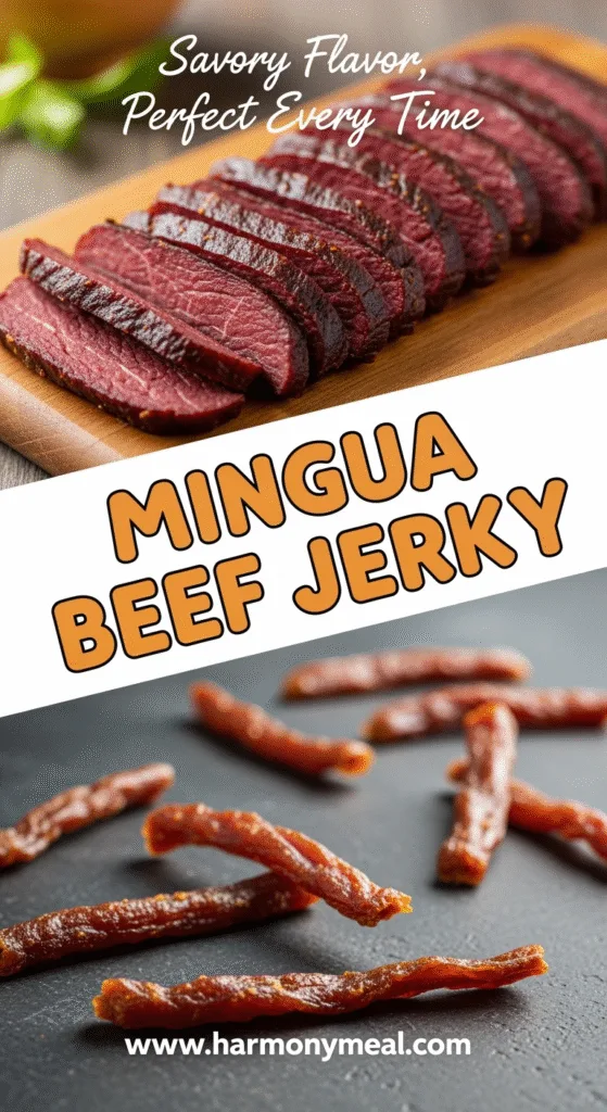 Close-up and flat lay of Mingua beef jerky showing rich texture