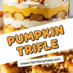 Pumpkin trifle dessert with creamy layers, cake cubes, nuts, caramel drizzle