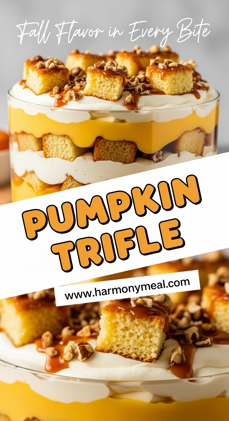 Pumpkin trifle dessert with creamy layers, cake cubes, nuts, caramel drizzle