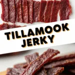 Tillamook jerky sliced and styled on rustic board with vibrant lighting