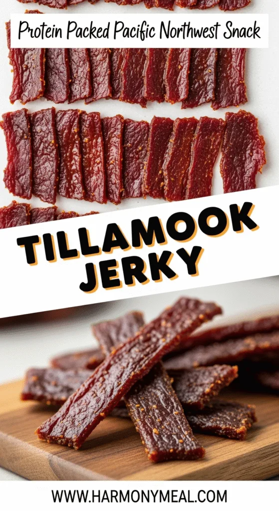Tillamook jerky sliced and styled on rustic board with vibrant lighting