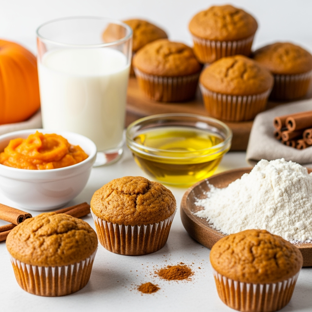 pumpkin-eggless-muffins-ingredients-closeup Close-up of moist eggless pumpkin muffins with fresh fall ingredients
