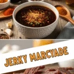Vibrant jerky marinade and beef jerky strips styled for Pinterest recipe