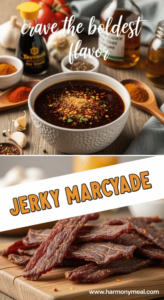 Vibrant jerky marinade and beef jerky strips styled for Pinterest recipe
