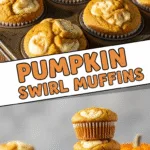 Pumpkin swirl muffins close-up showing moist texture and cream cheese swirls