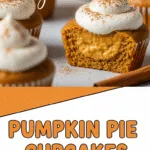 Pumpkin pie cupcakes with whipped cream and cinnamon in warm lighting