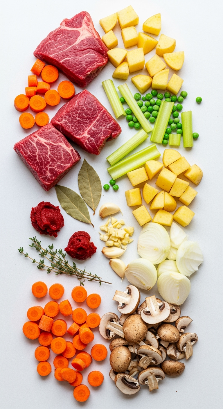 fresh-beef-vegetable-chunk-stew Fresh beef chuck stew ingredients with vibrant vegetables on white surface
