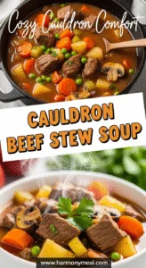 Cauldron beef stew soup with tender vegetables in rustic cast-iron pot