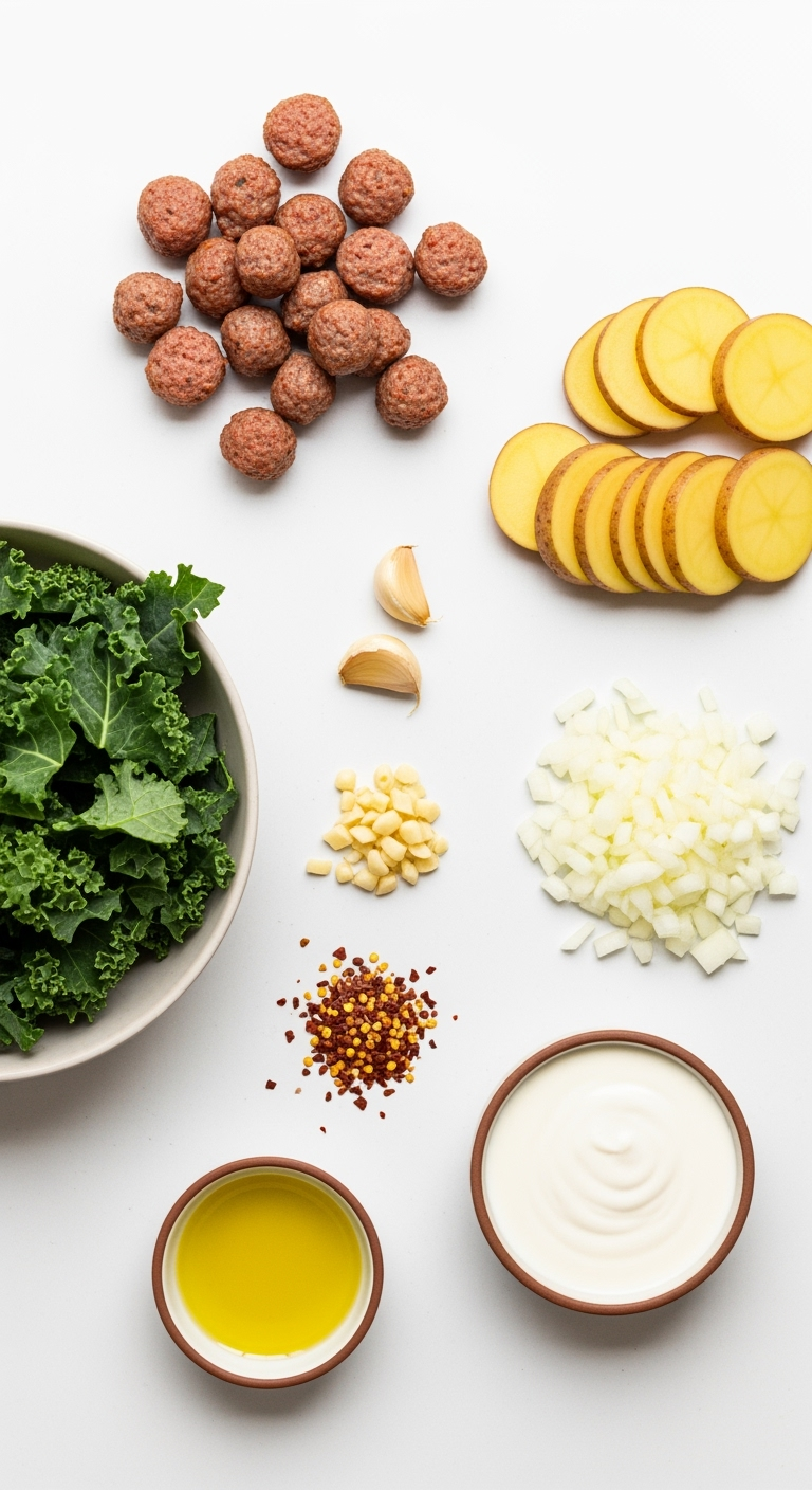 italian-sausage-kale-potatoes-cream Easy Olive Garden Zuppa Toscana soup ingredients beautifully arranged on white.